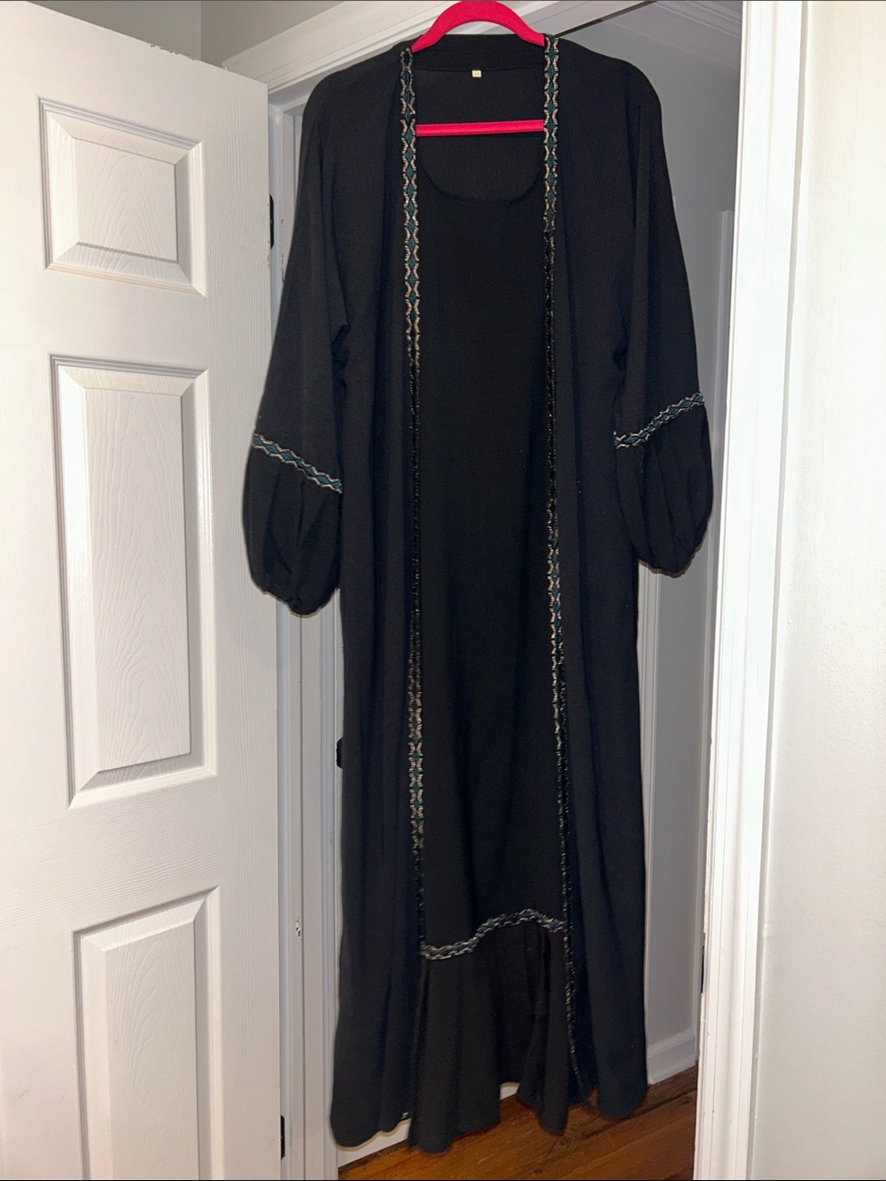 Flowing Black Embroidered Maxi Dress with Long Balloon Sleeves
